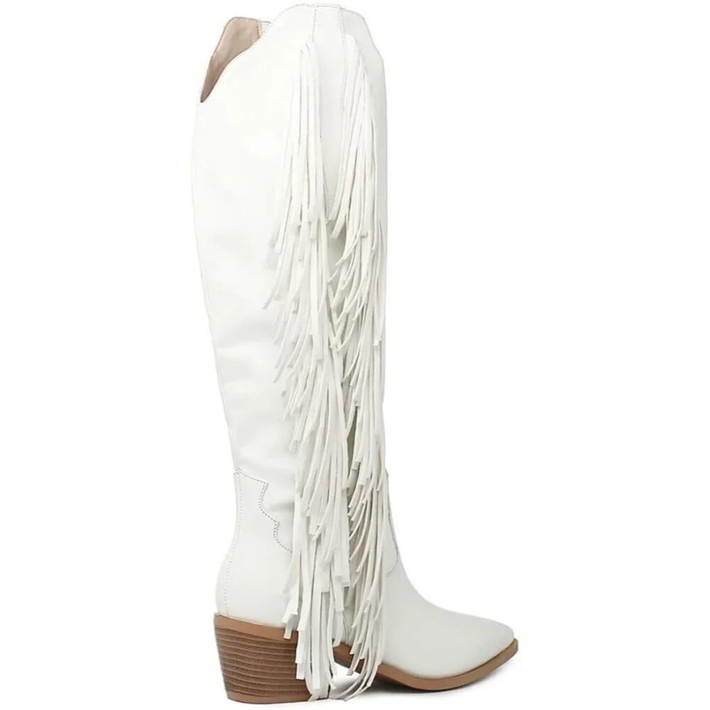 Women White Synthetic Fringe Tassels Pointed Toe Knee High Western Cowgirl Boots